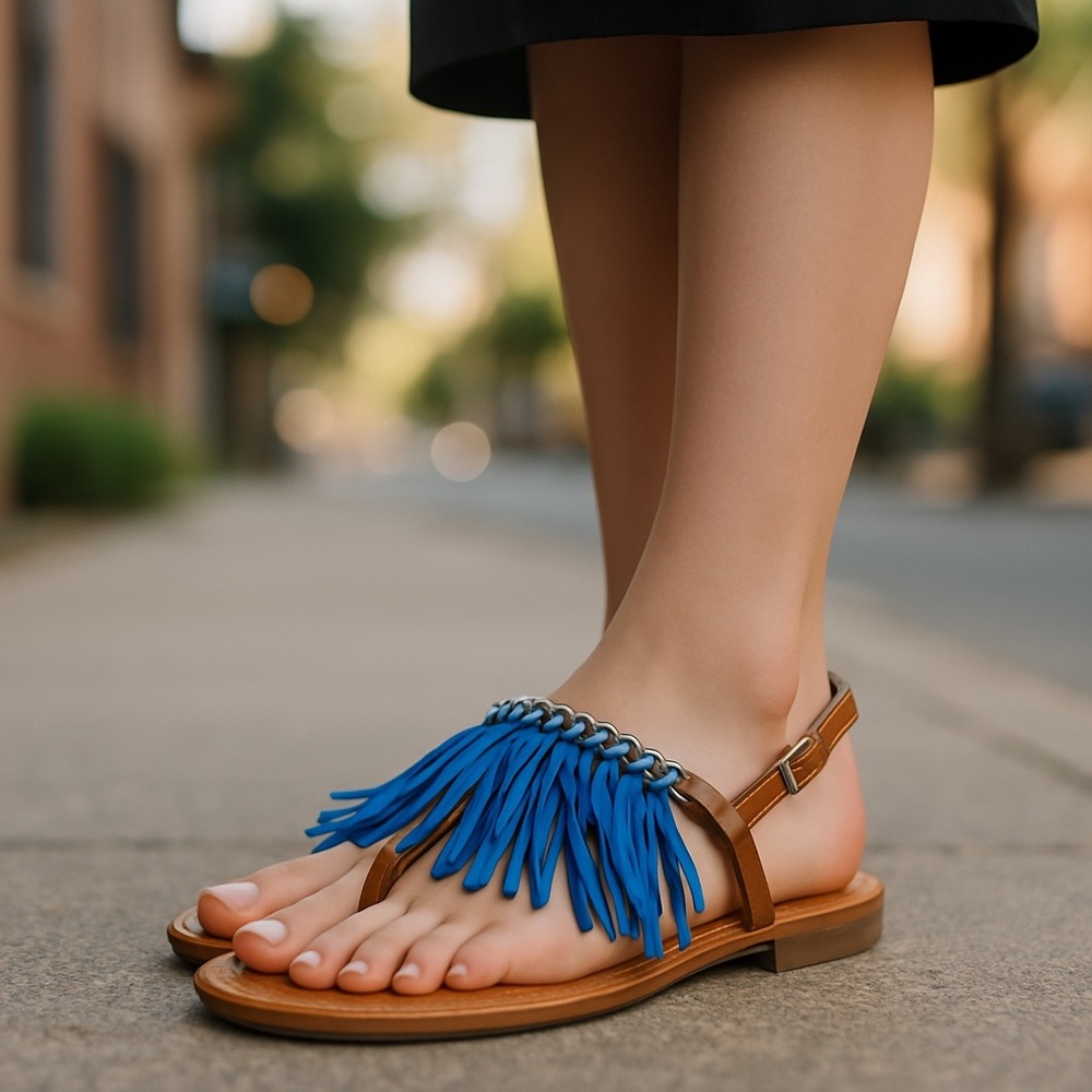 Boho Reba leather Brown Sandals with Blue Fringe and silver hardware